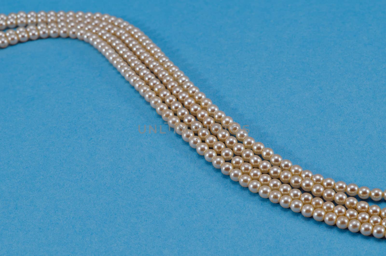 Pearl collar turn closeup over blue background.