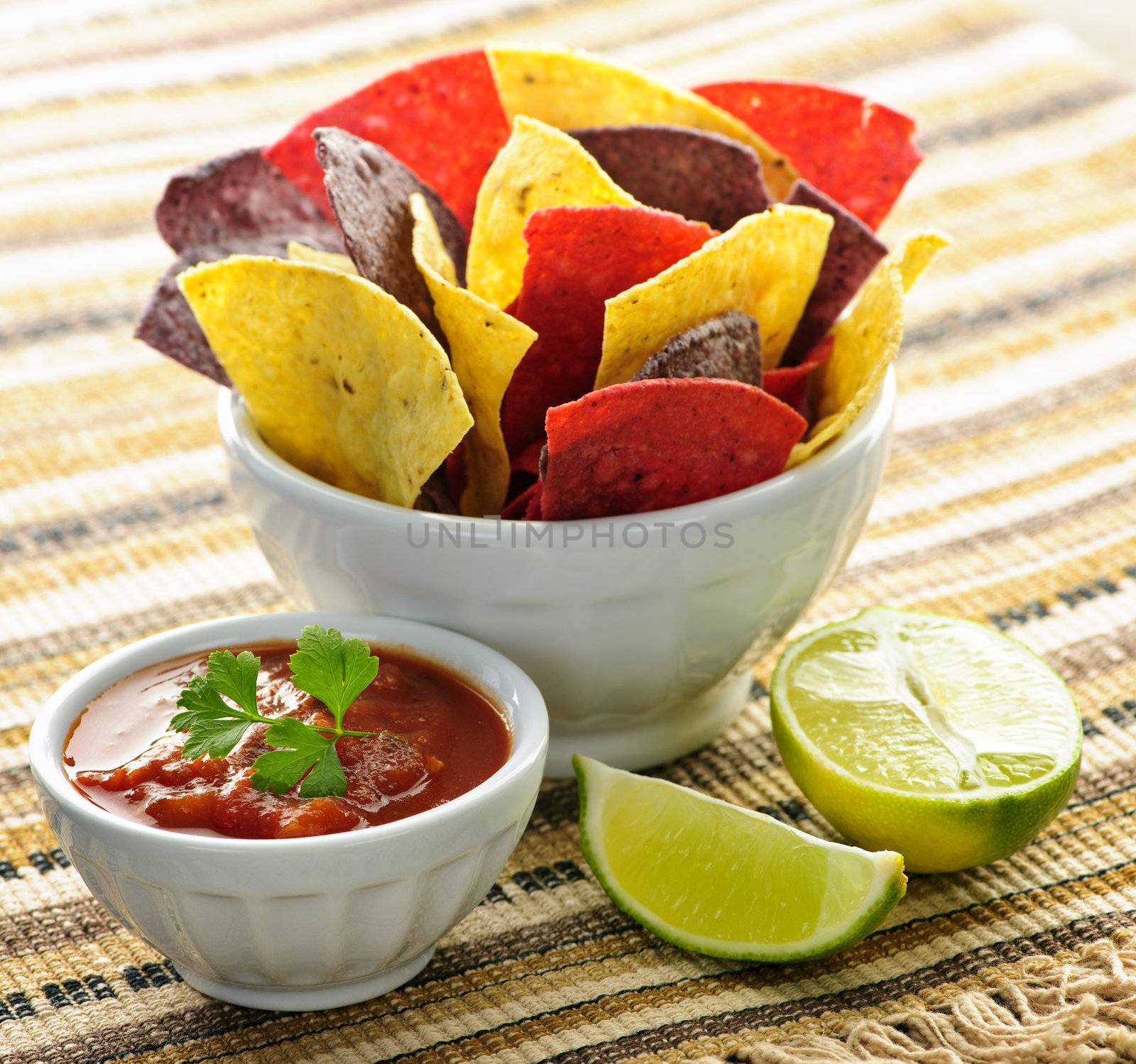 Bowl of salsa with colorful tortilla chips and lime