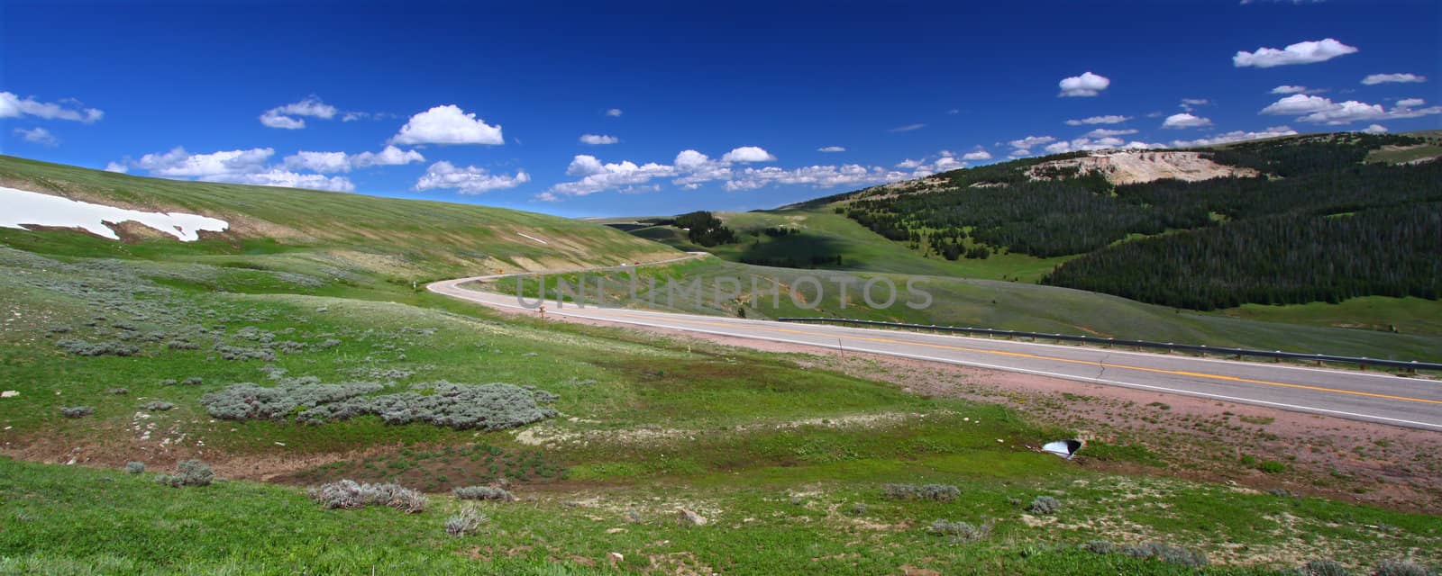 Panorama of a winding road through high elevations of the Bighorn National Forest in Wyoming.