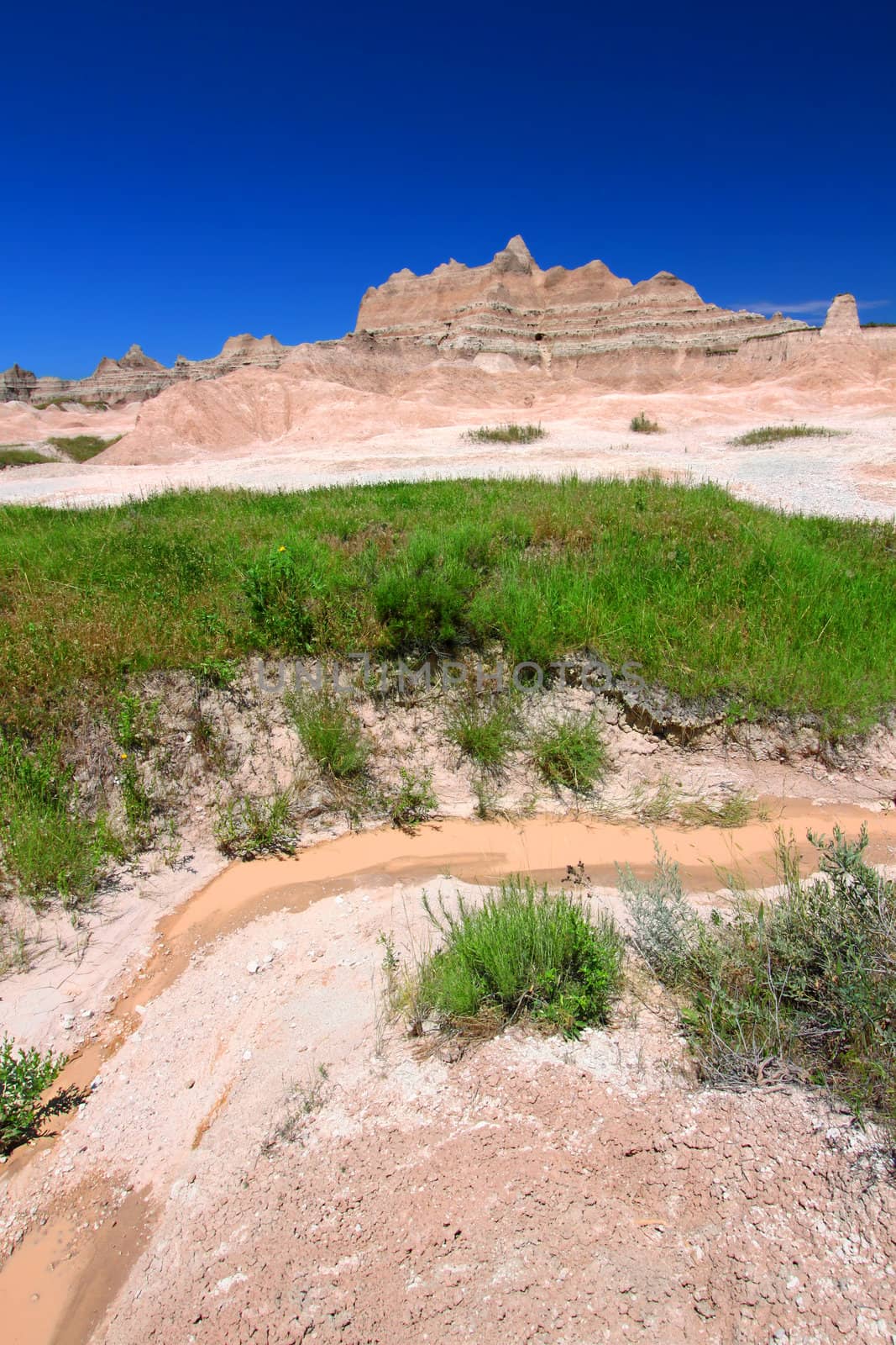 Small stream of muddy water in Badands National Park of South Dakota.