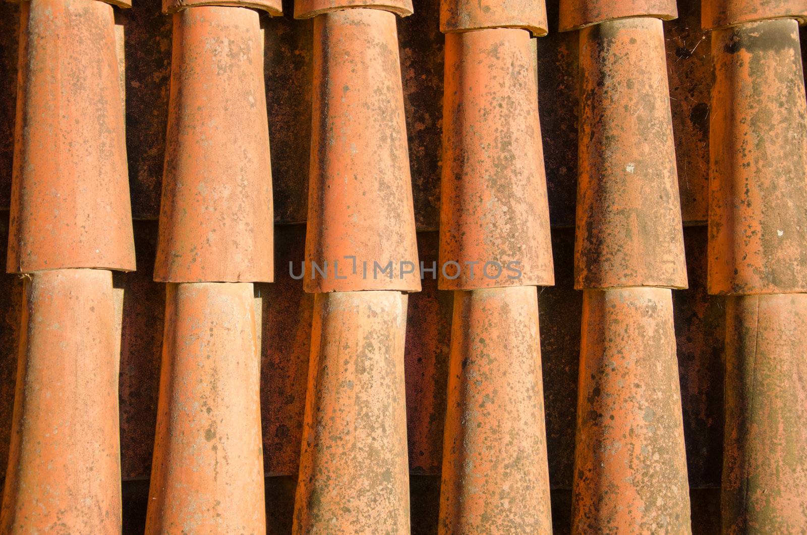 Background of clay round tiles covered roof closeup