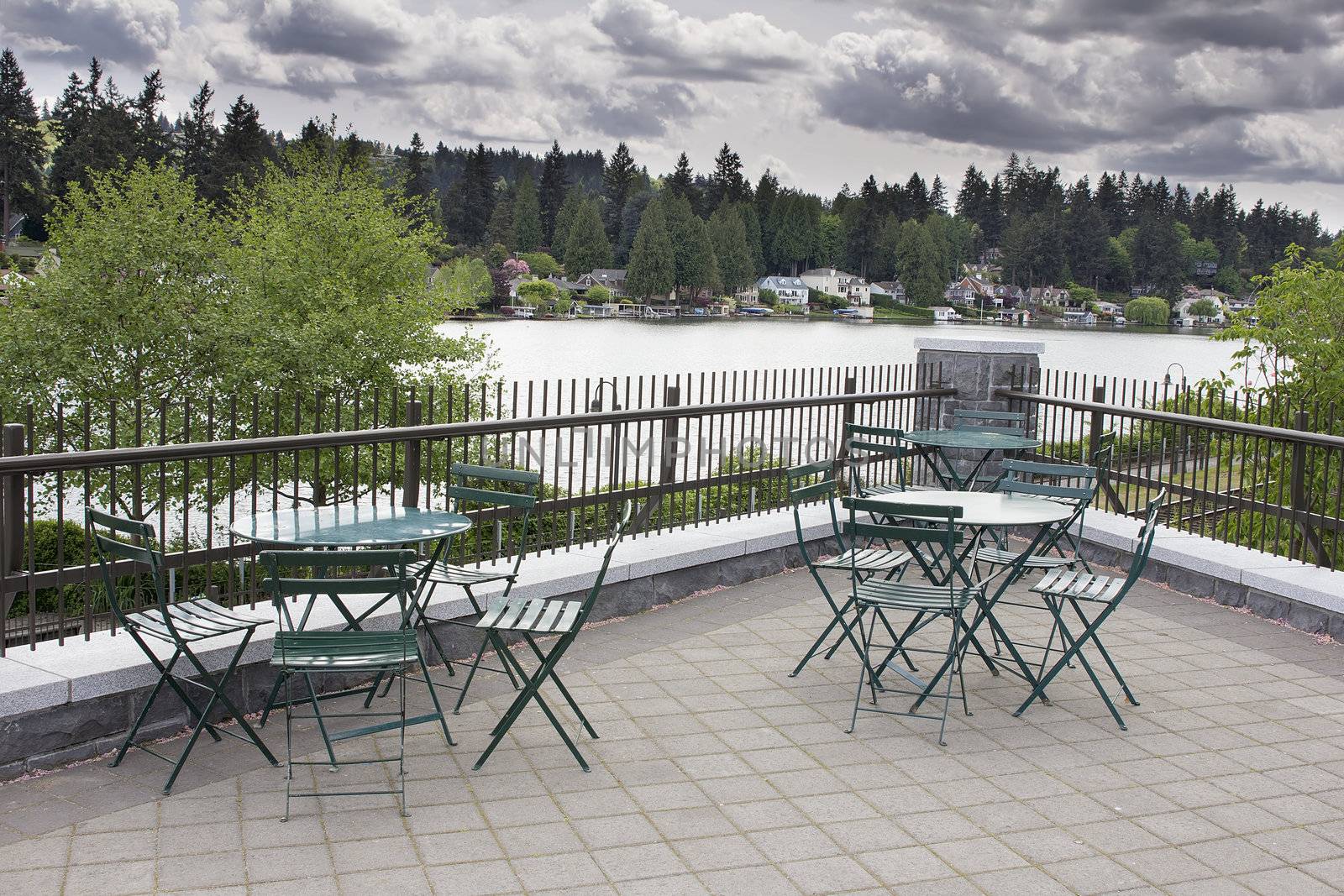Garden Outdoor Patio Seating by the Lake with View of Waterfront Homes