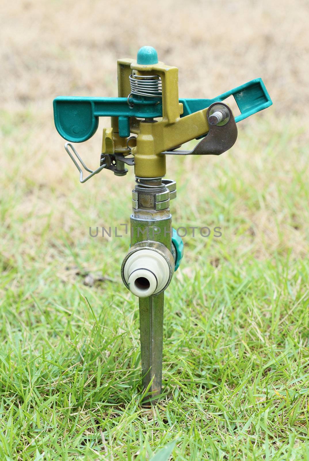 close up of sprinkler on the green grass