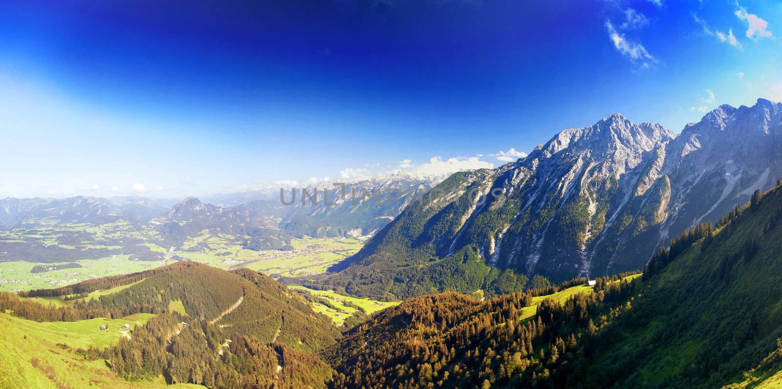 Beautiful apline mountain Range lit by a early morning sun - panoramic photo