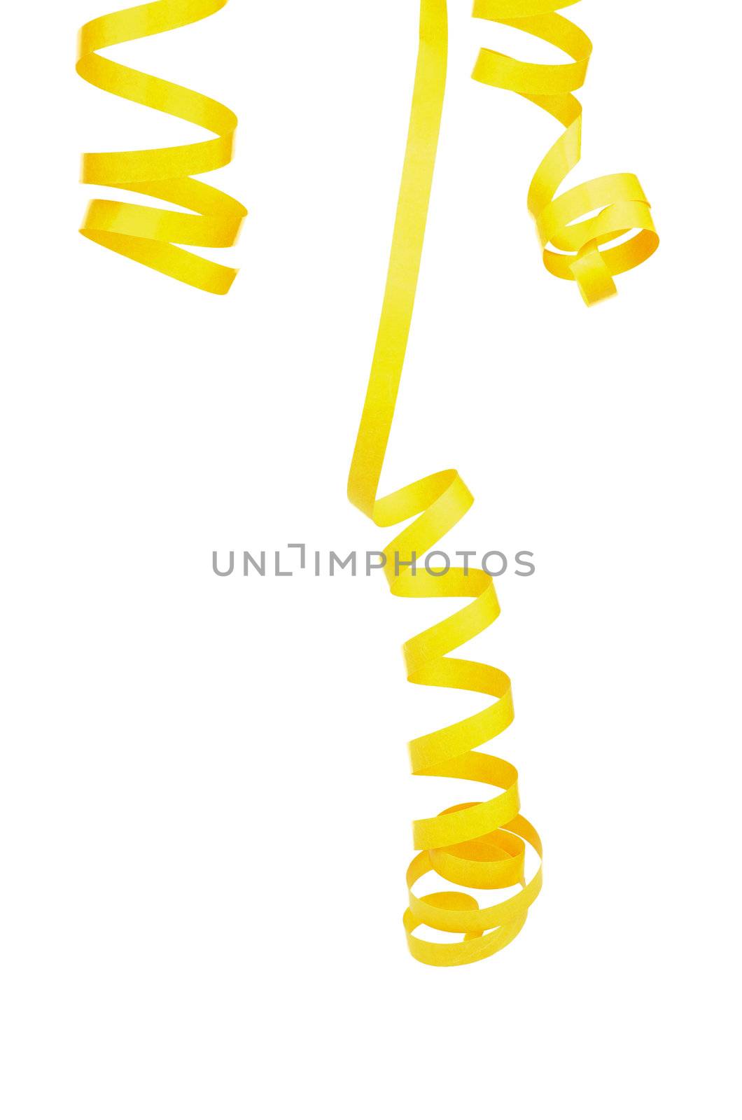 Three Yellow Curl Party Streamers Hanging Down isolated on white background