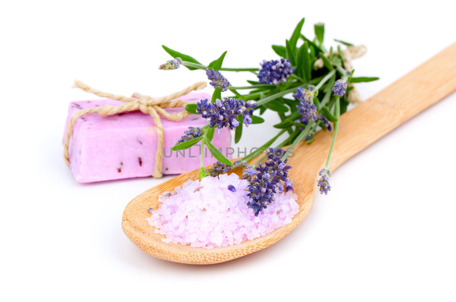 lavender bath salt, soap and flower on white background