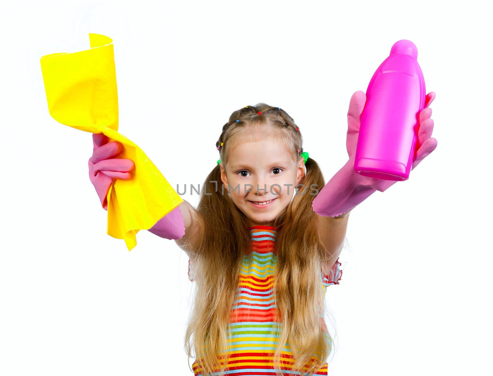 little girl with a rag and can of detergent
