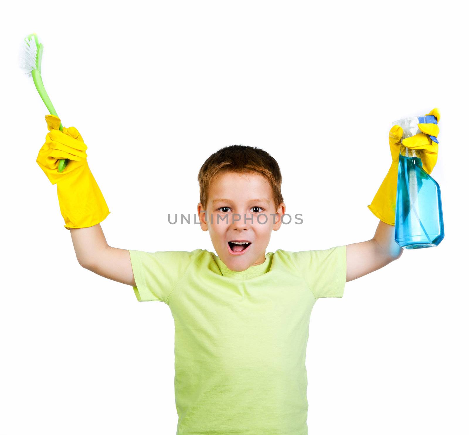little boy with a rag and can of detergent