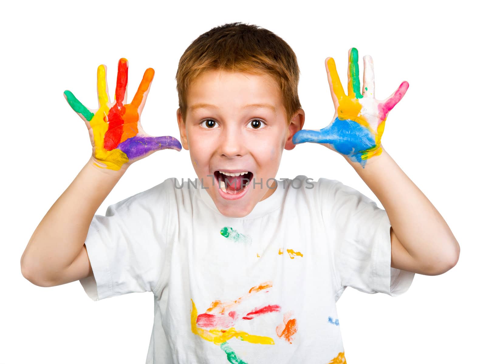 smiling boy with hands in paint  on a white background