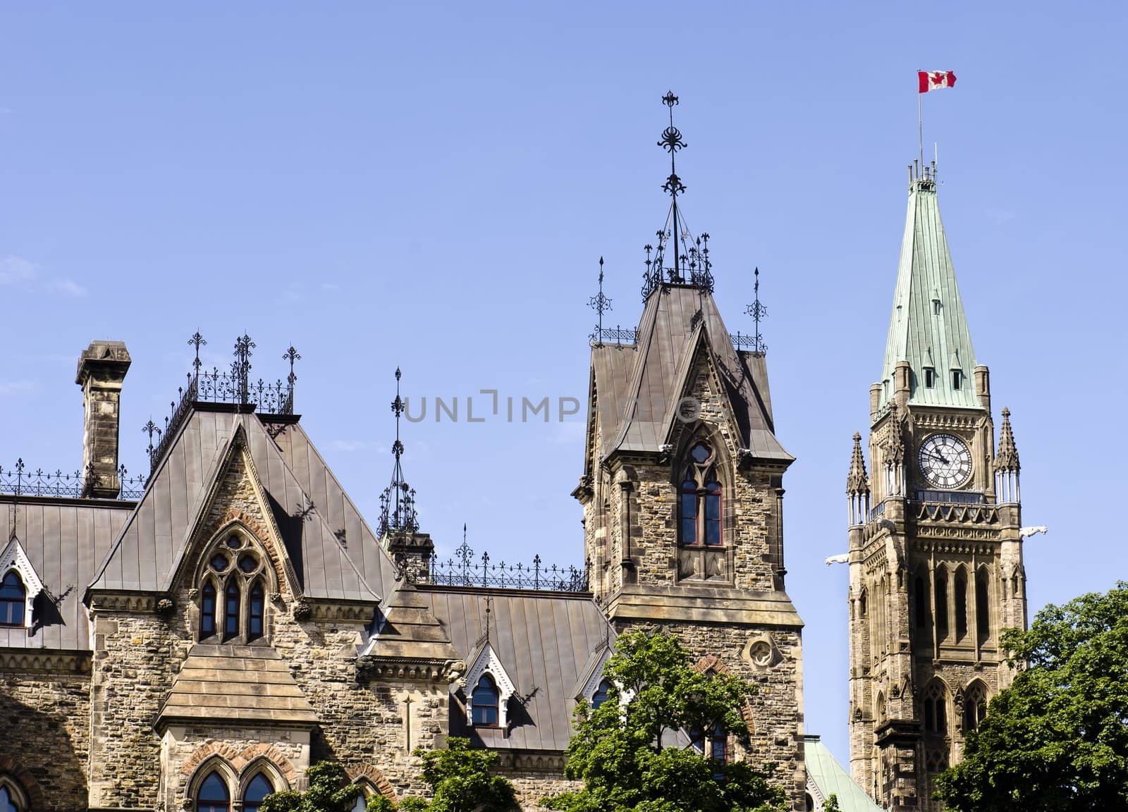 The Canadian Parliament with the East and Centre Block towers in Ottawa, Canada.