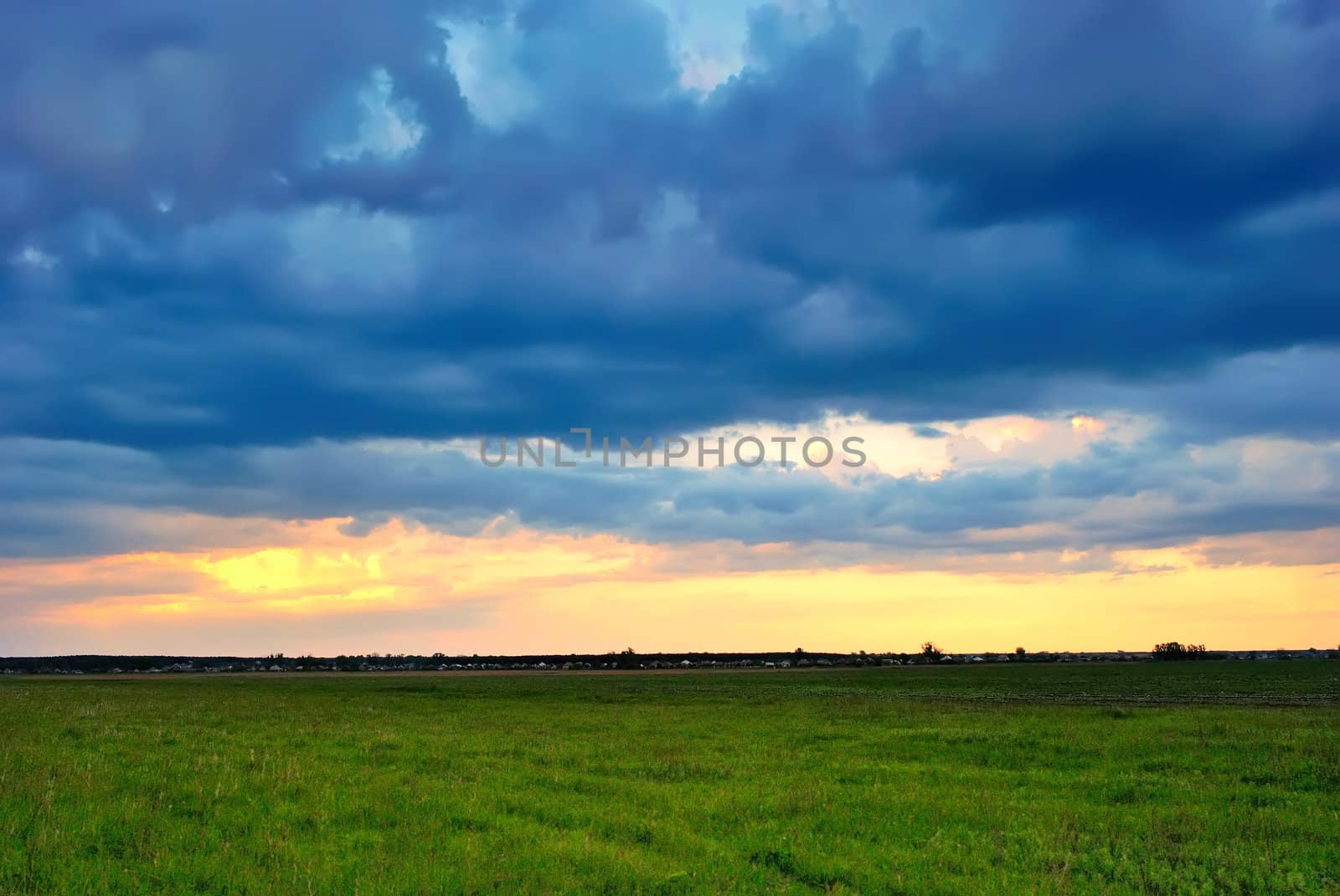 Dramatic sunset over a green field on a summer evening