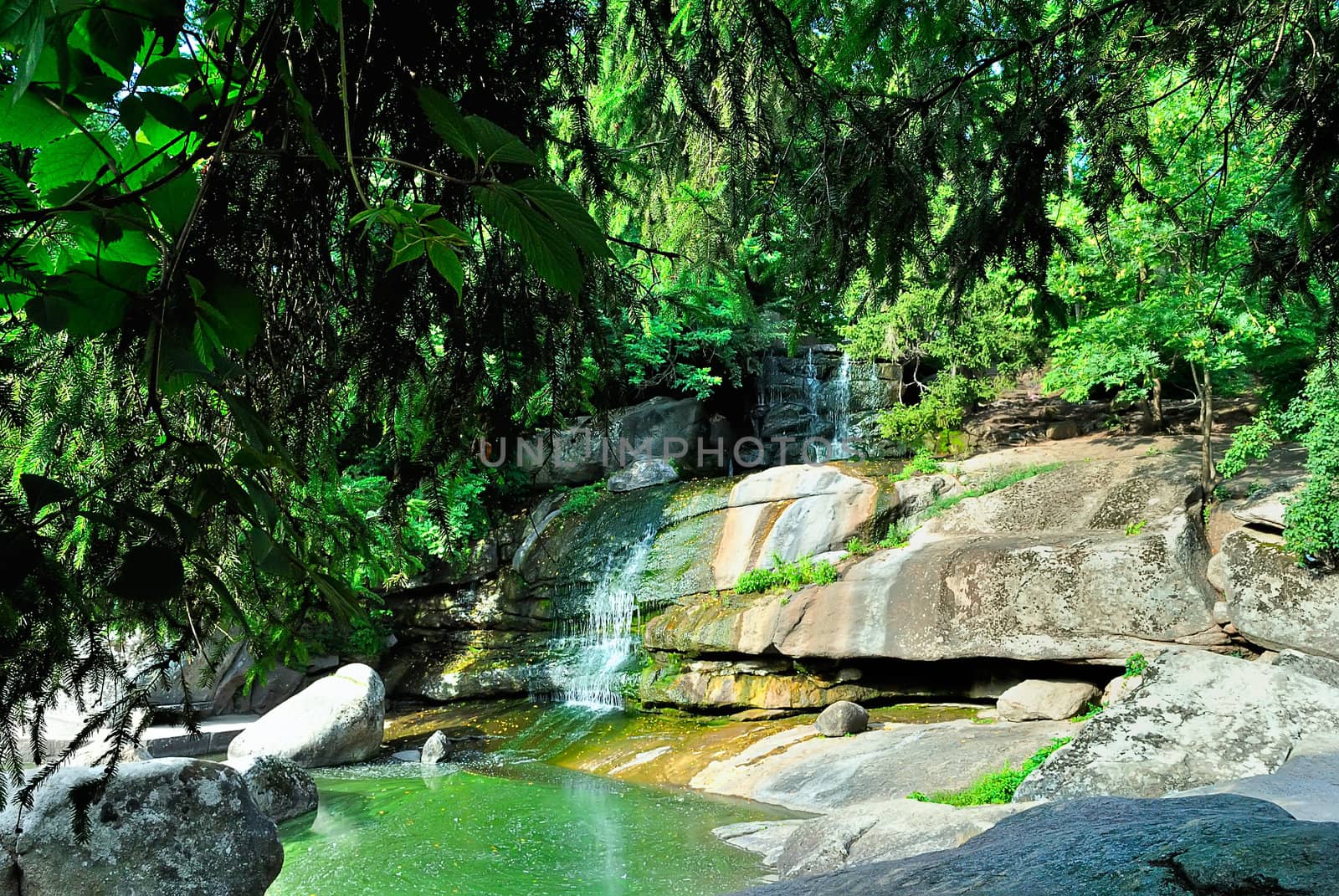 Small waterfall on a summer day among the rocks and green trees