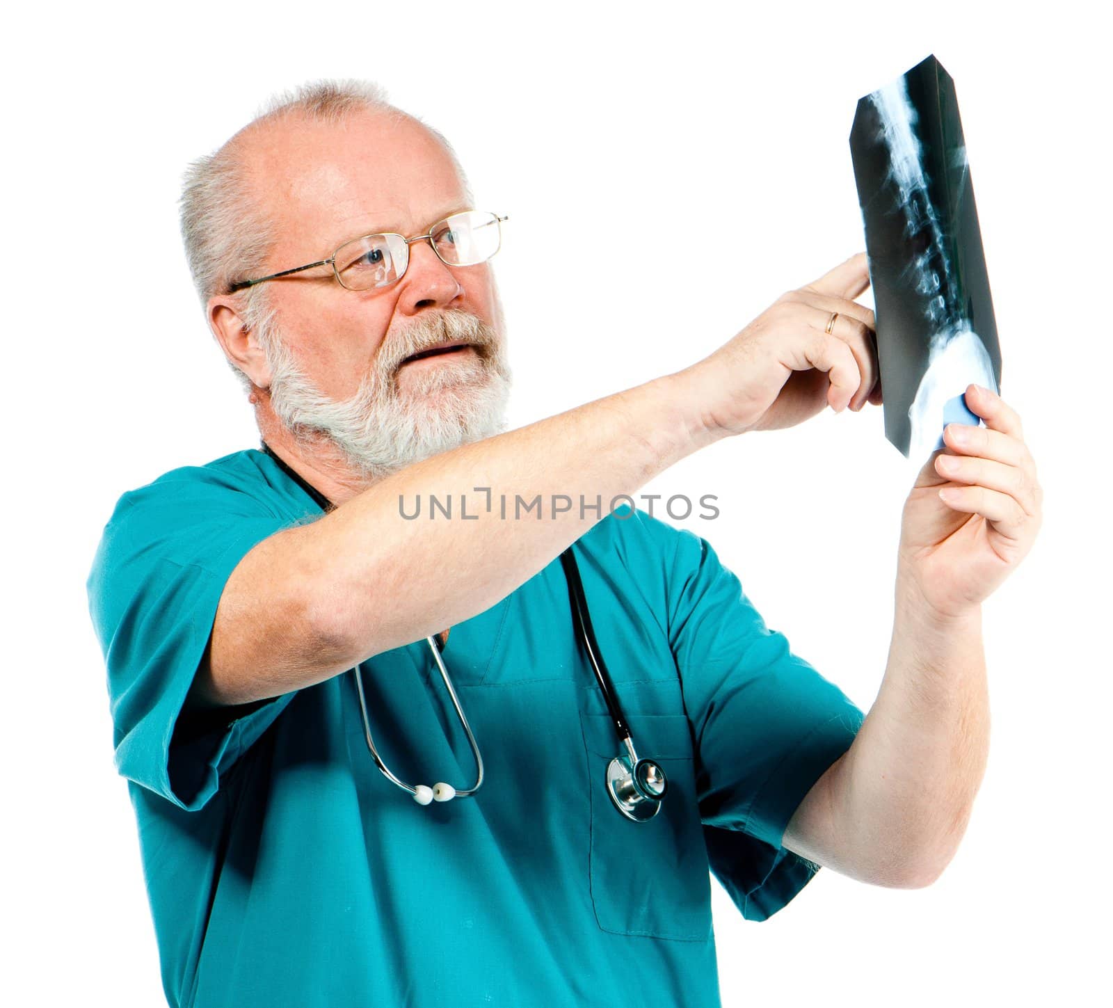 Doctor looking  x-rays  on a white background