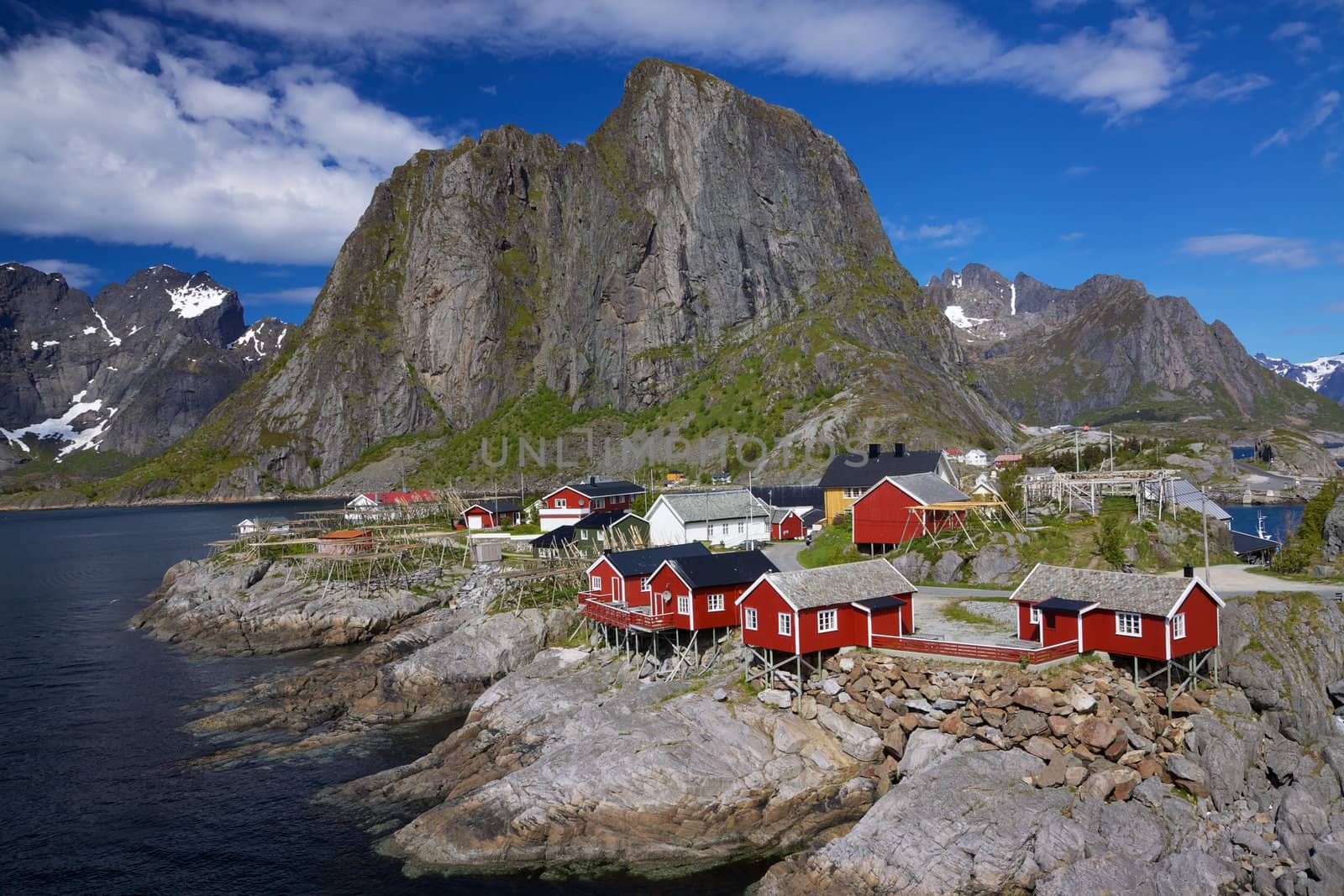 Picturesque fishing village by fjord on Lofoten islands in Norway