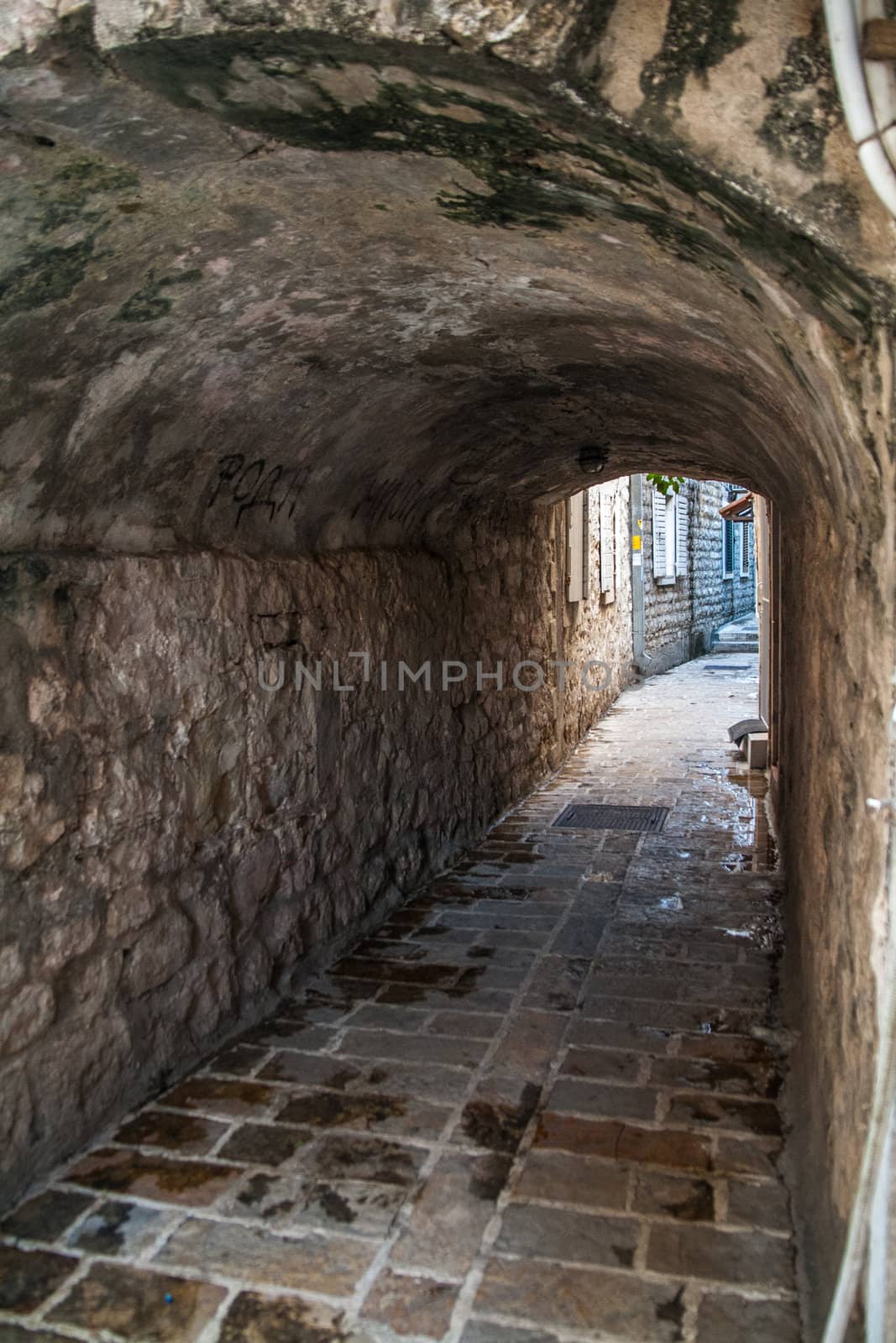 Cobbled street under ancient arch