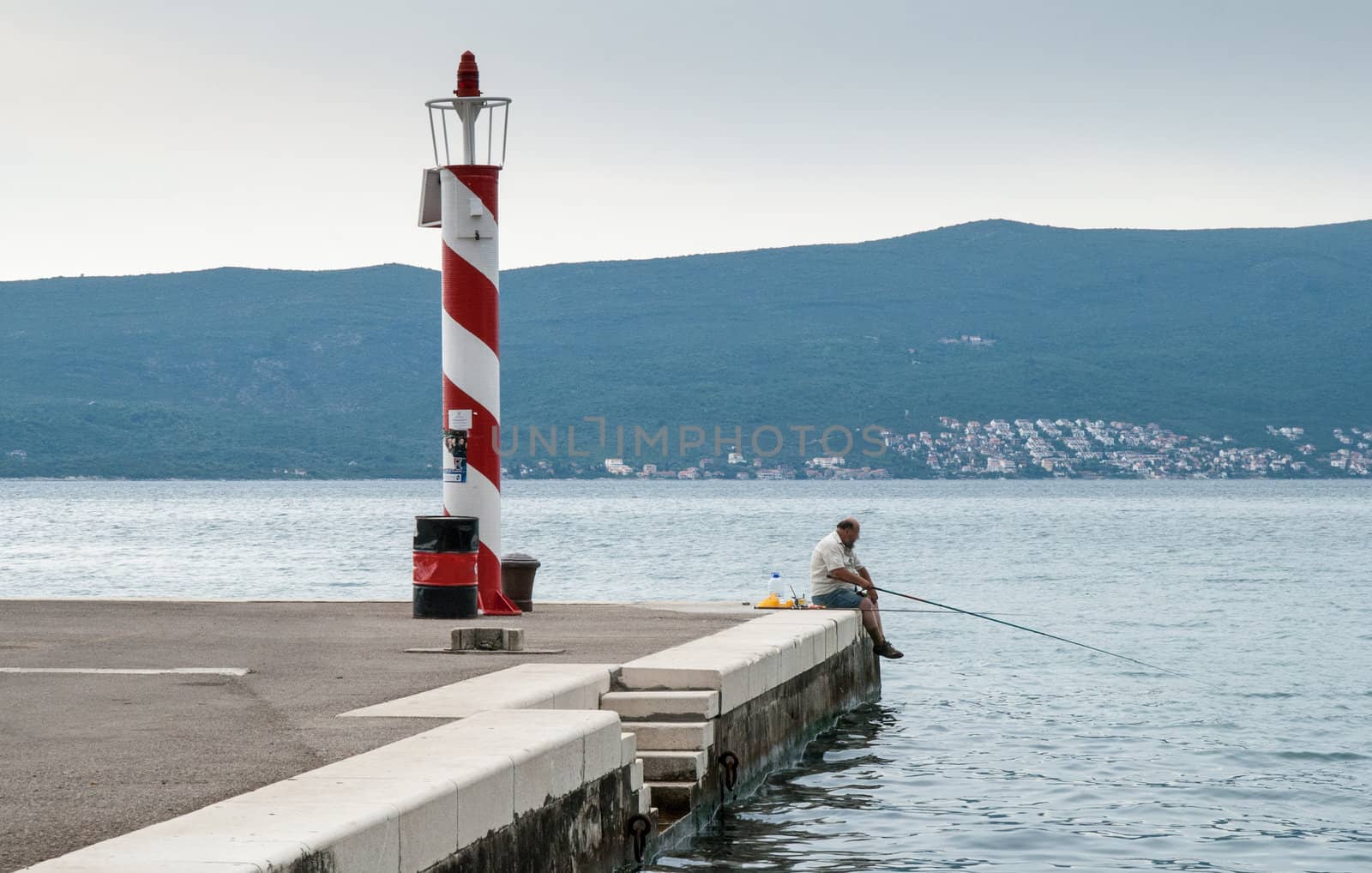 A senior man fishing from a dock.