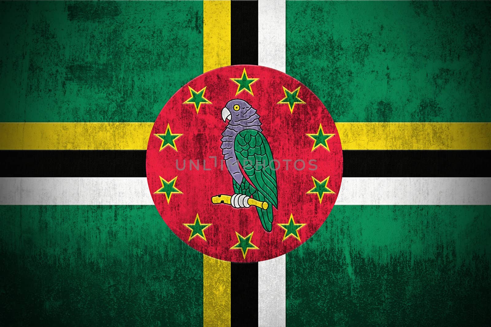 Weathered Flag Of Dominica, fabric textured
