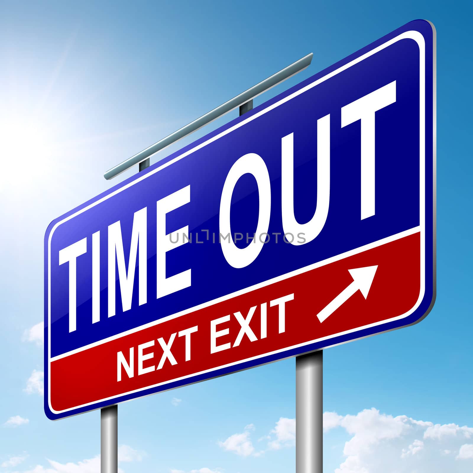 Illustration depicting a roadsign with a time out concept. Sky background.