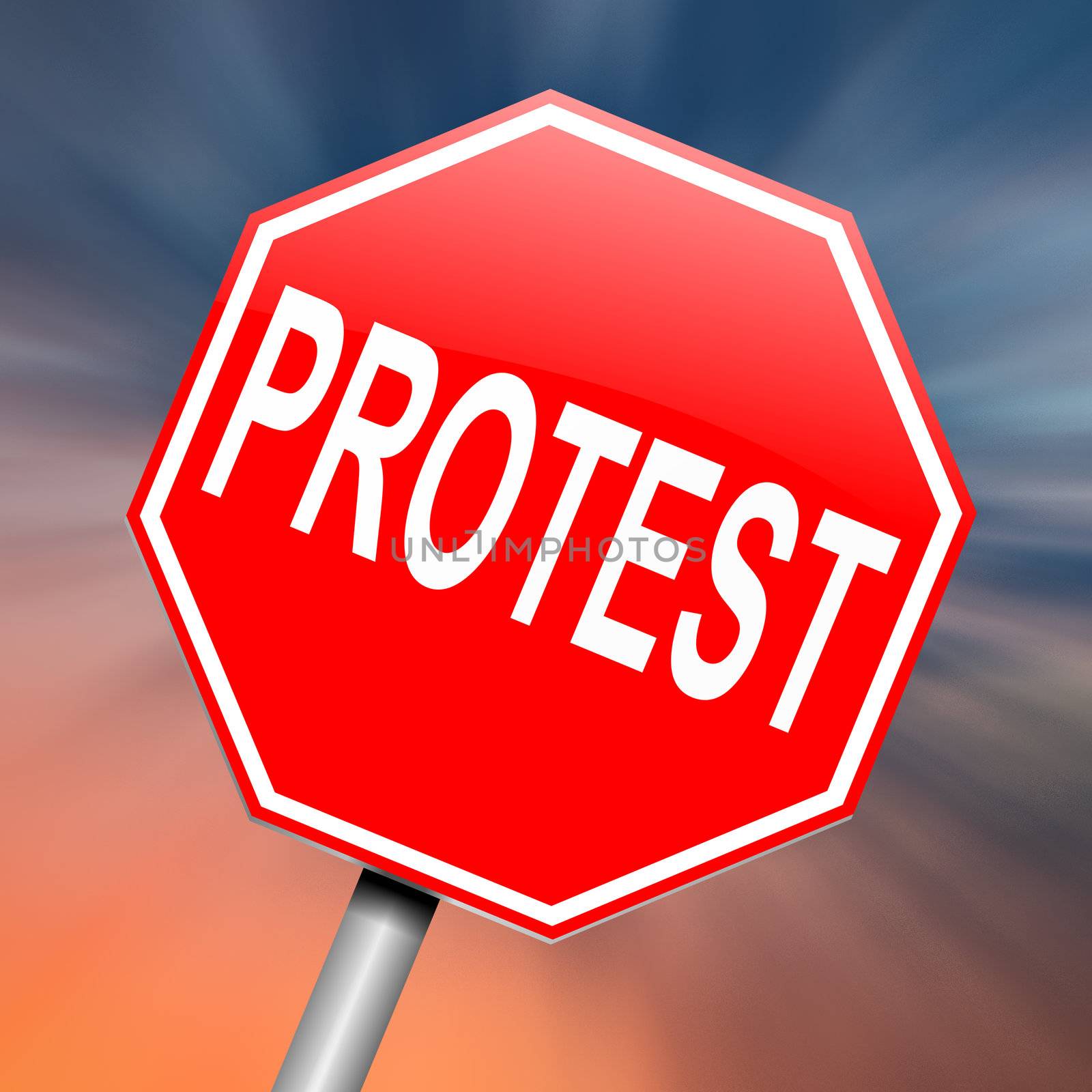 Illustration depicting a roadsign with a protest concept. Abstract background.