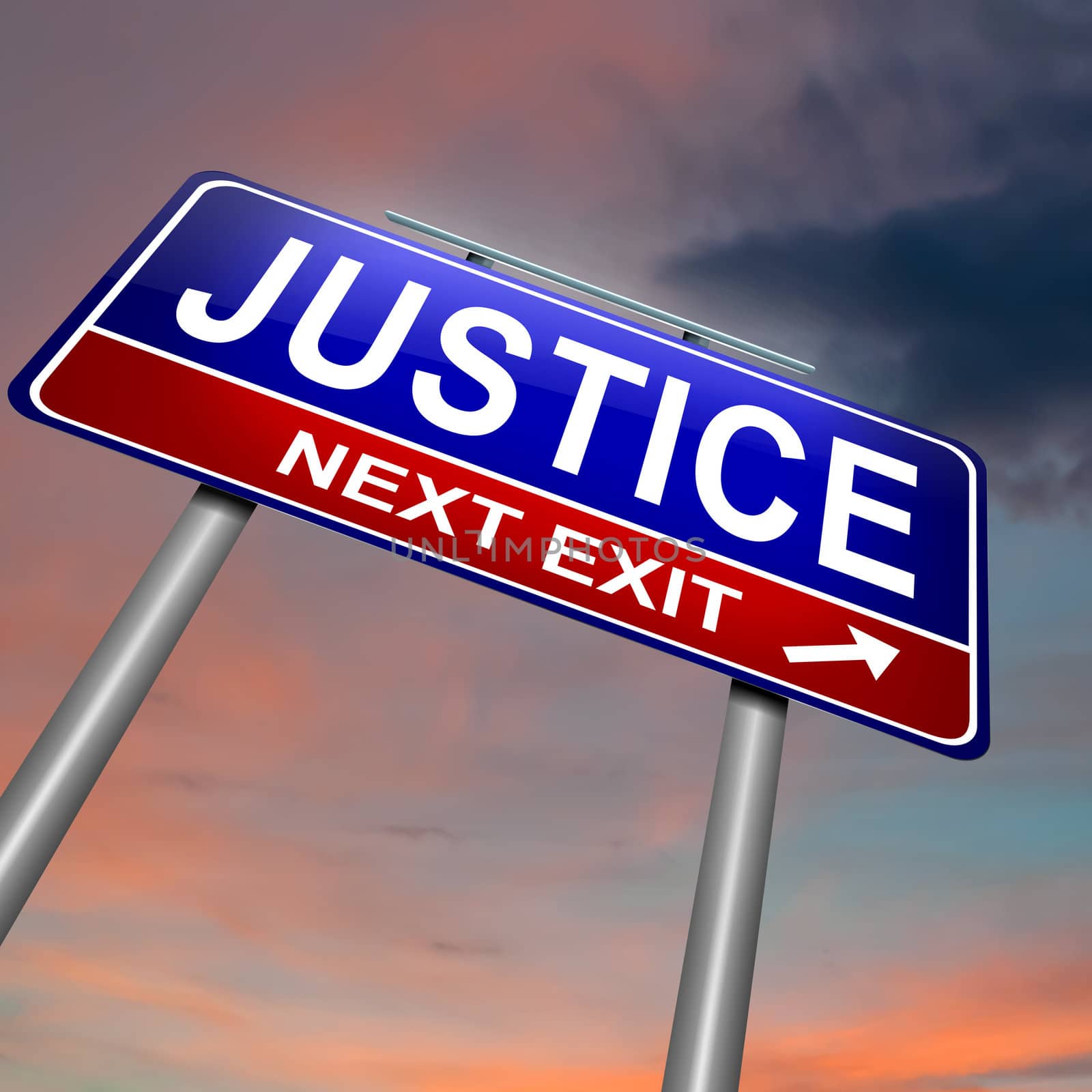 Illustration depicting an illuminated roadsign with a justice concept. Dark sunset sky background.