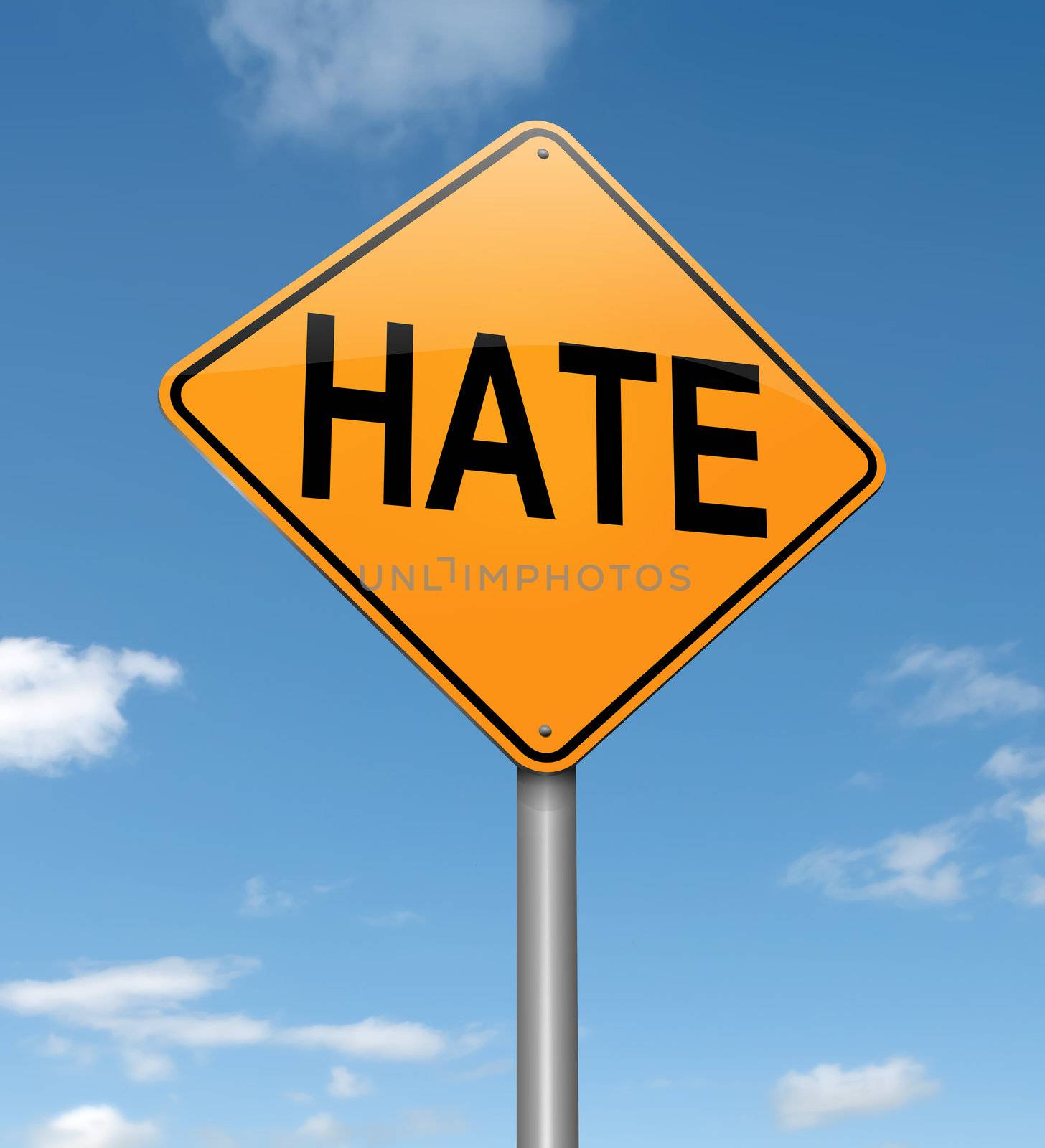Illustration depicting a roadsign with a hate concept. Sky background.