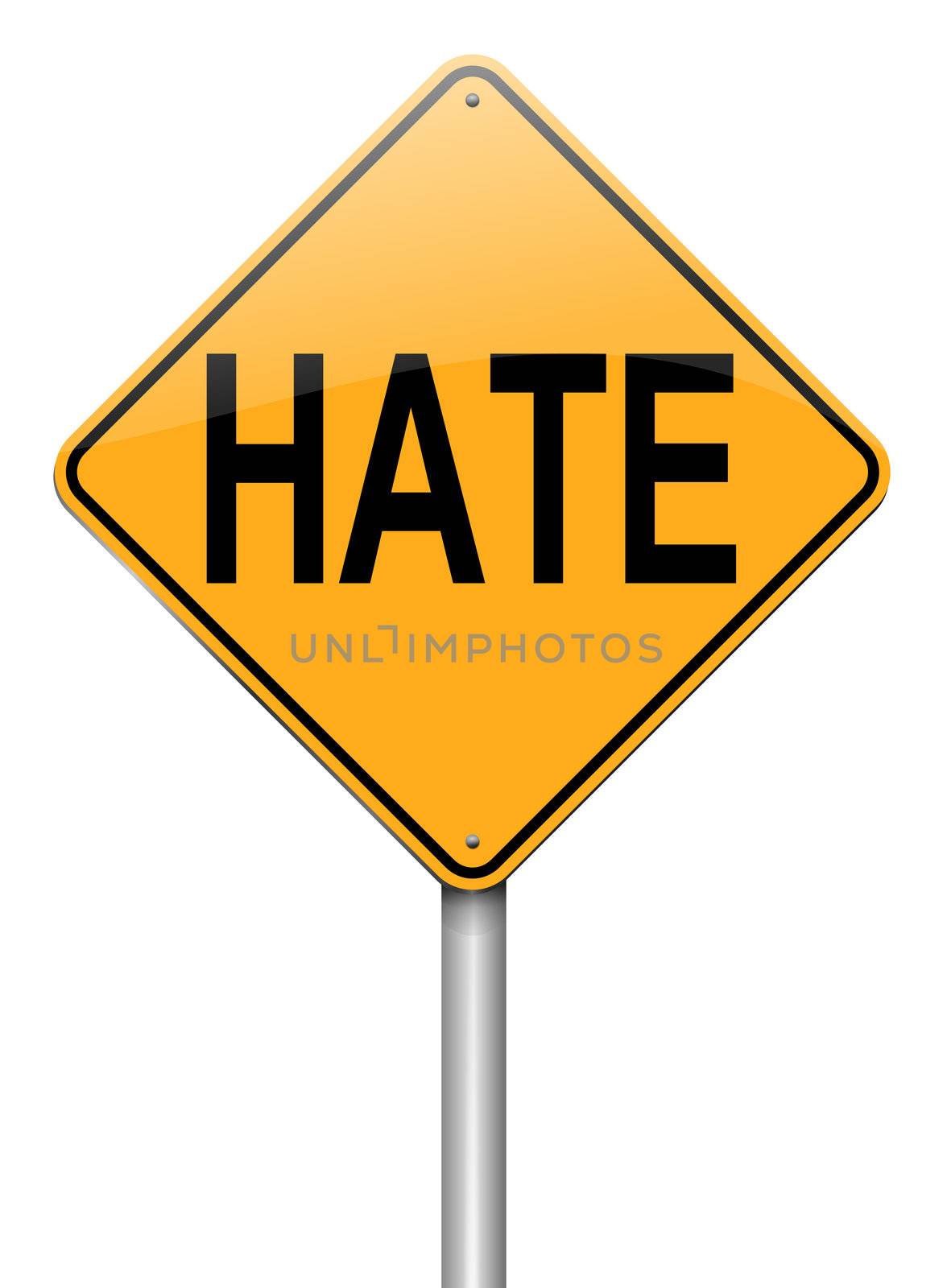 Illustration depicting a roadsign with a hate concept. White background.