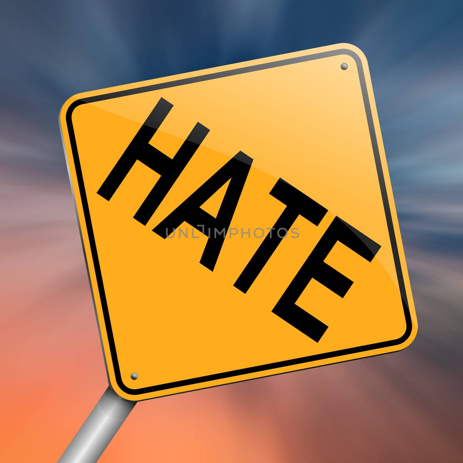 Illustration depicting a roadsign with a hate concept. Abstract background.
