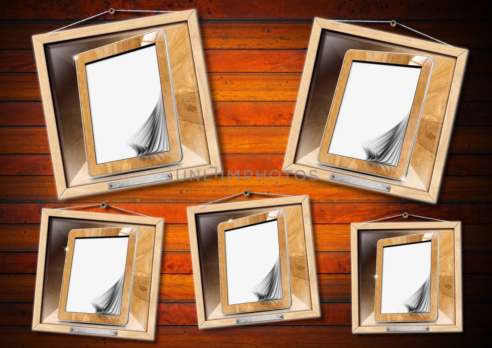 Wooden tablet computer with blank pages on wooden frame


