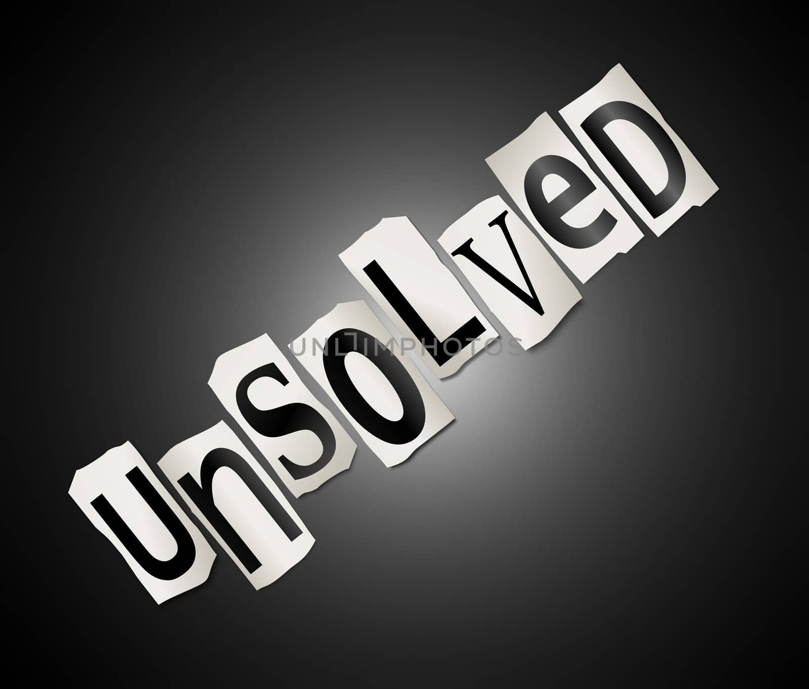 Illustration depicting cut out letters arranged to form the word unsolved.