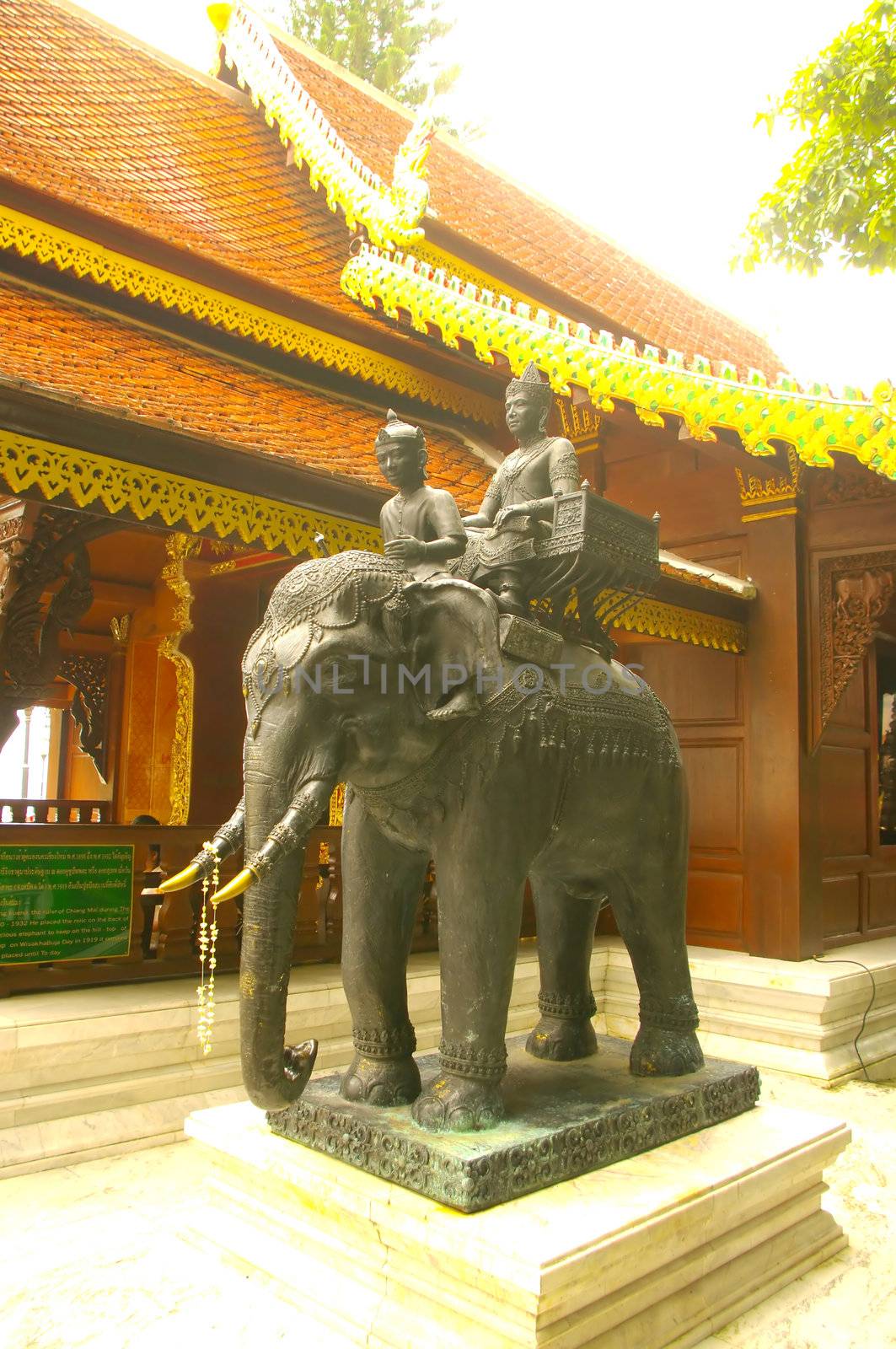 A huge bronze elephant Phrathat Wat Doi Suthep. Statue recalling the legend of the origin of the creation of the temple. The monk Sumanathera bringing a relic of the Buddha to the King. The white elephant in charge of the relic went up the hill and died there.