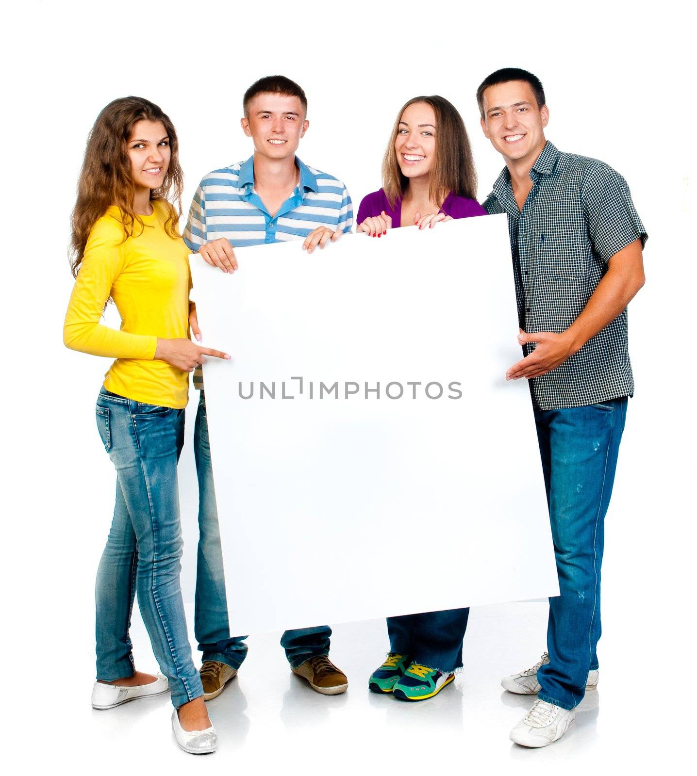group of young people with a white banner