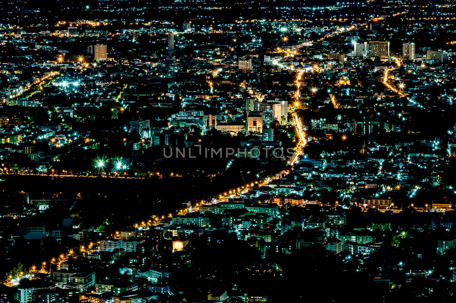 Lights in city night time scene in chiangmai of thailand