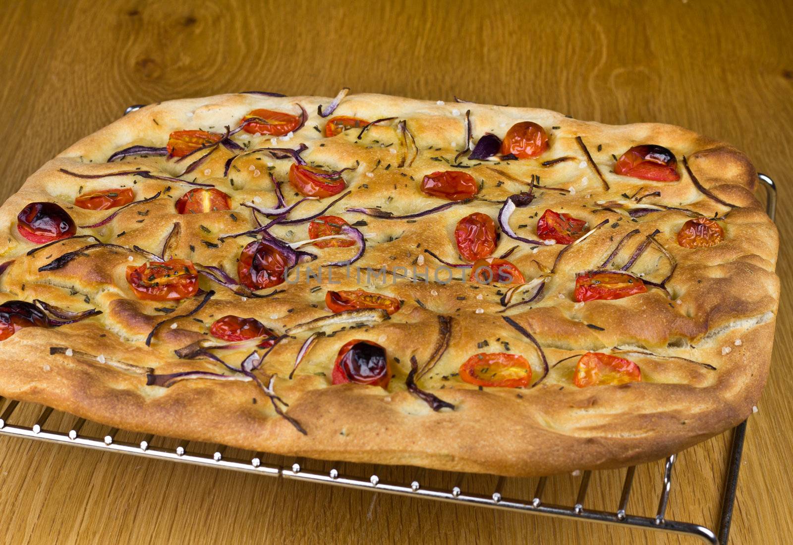 Freshly baked Italian Foccacia with Tomatoes and onions
