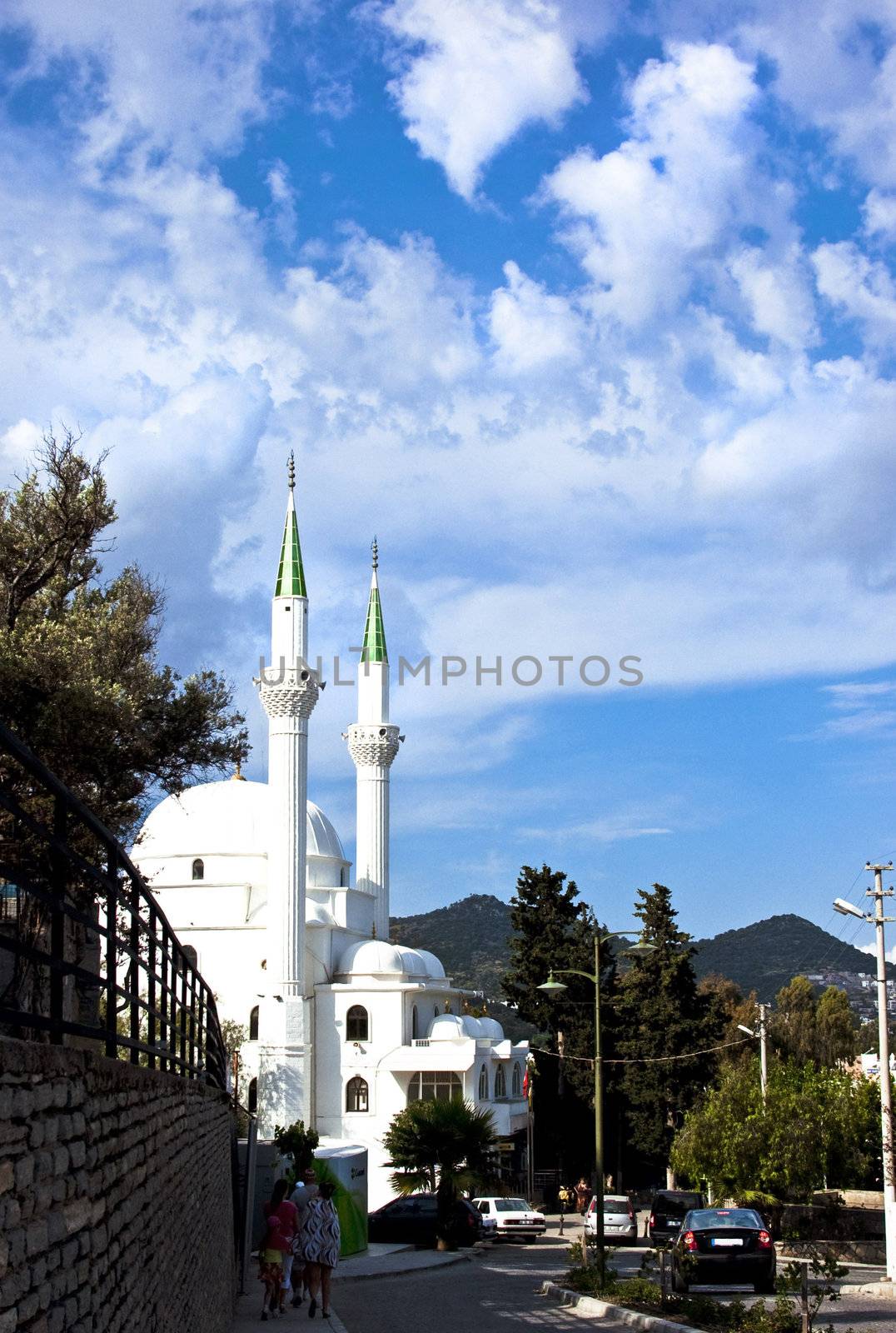 mosque in turkish town on cloudscape vertical