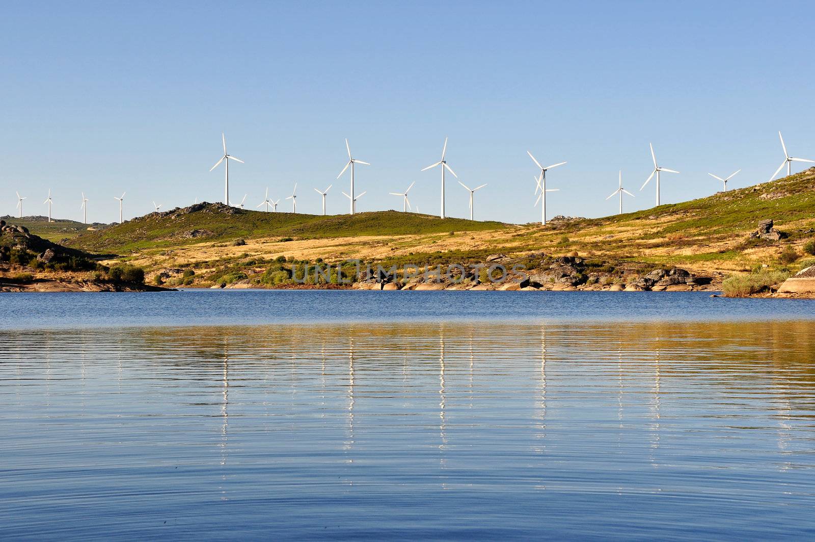 Wind mill, with several wind turbines, near a river, producing green energy.