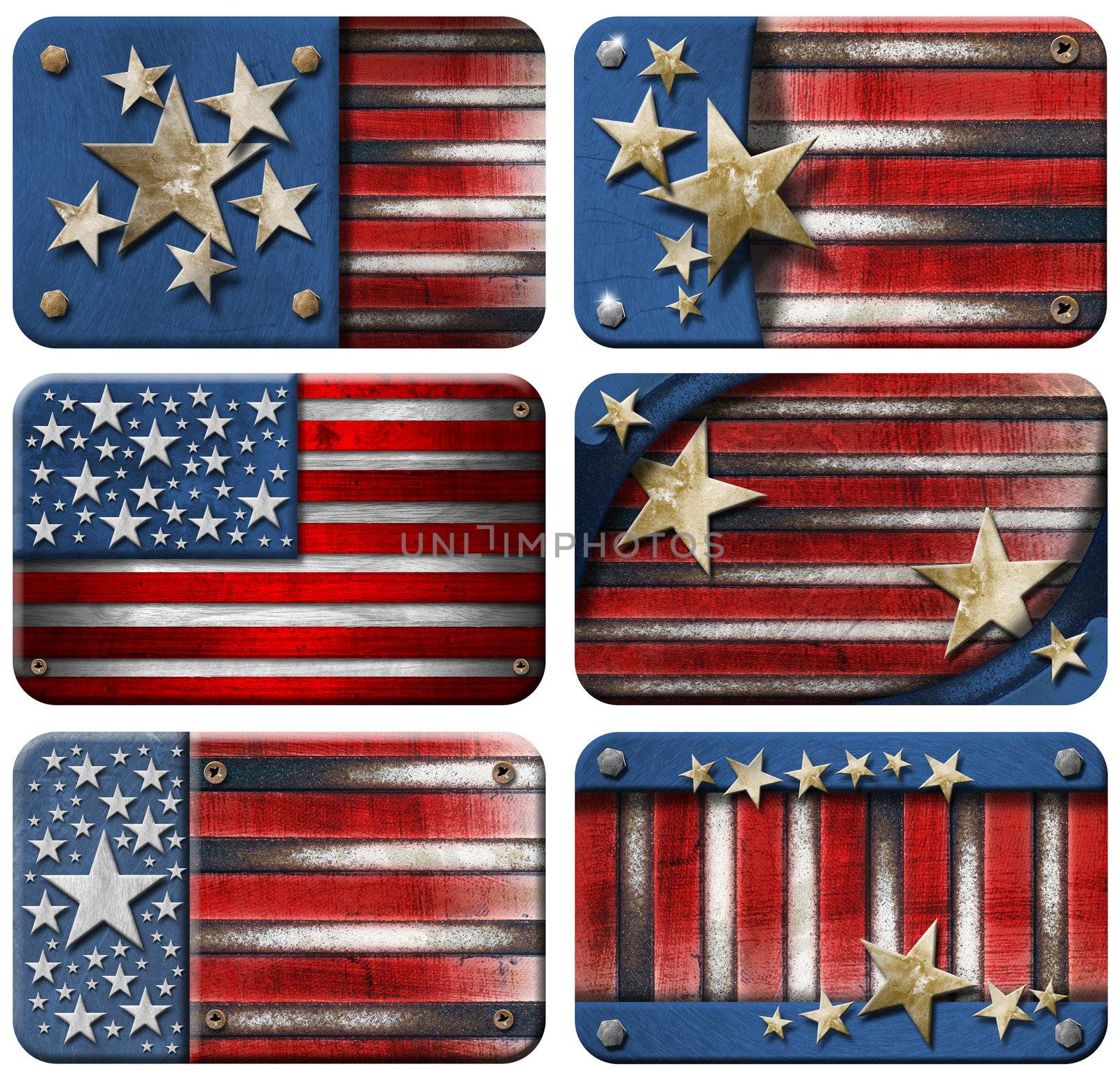 Six USA grungy metal flag with clipping path
