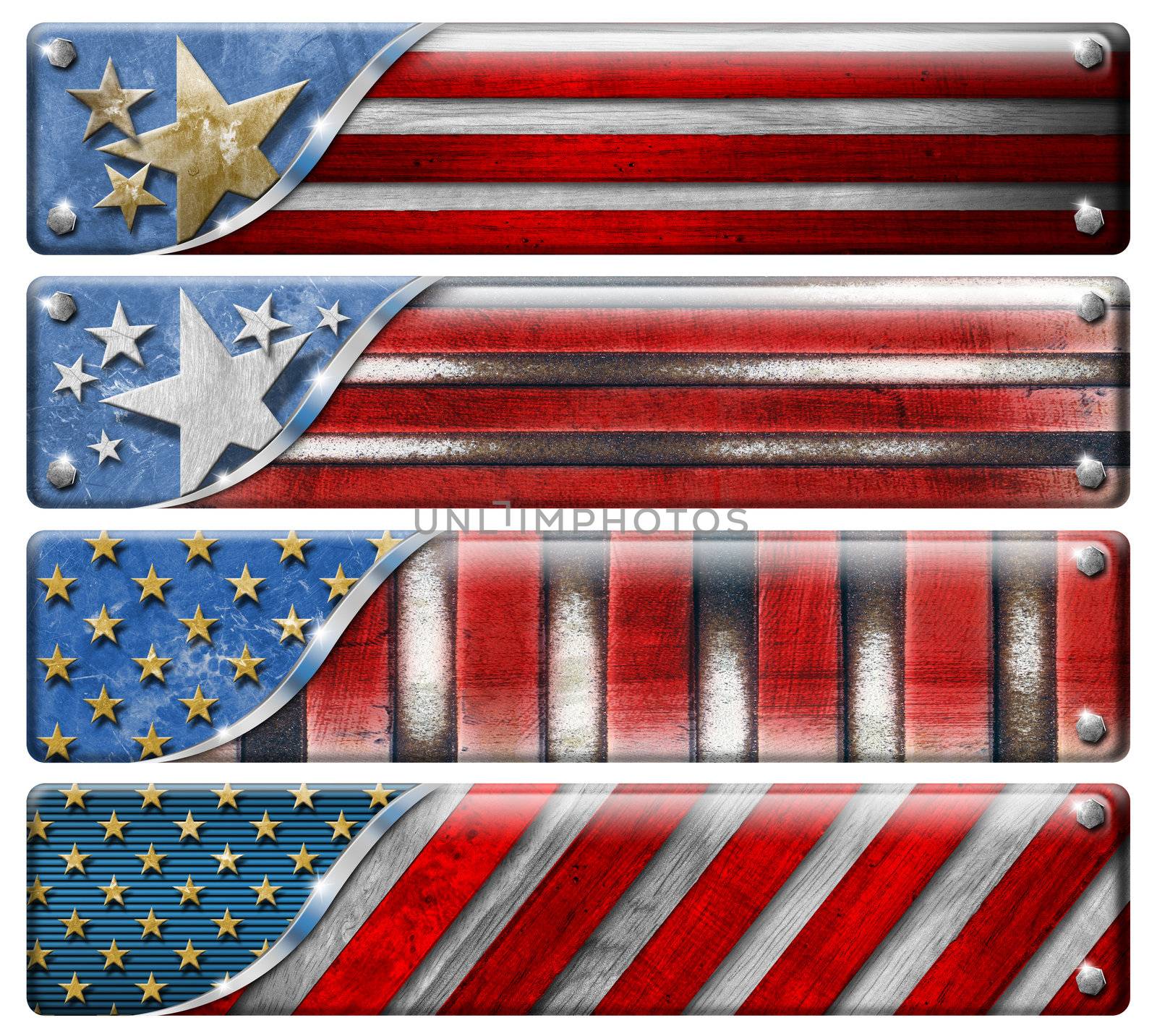 Four USA grungy metal flag with clipping path


