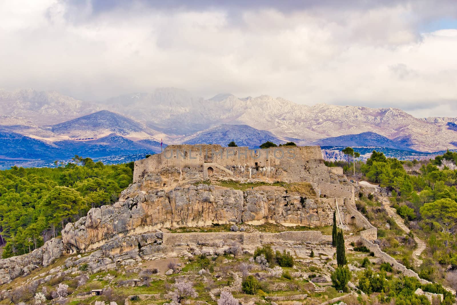 Novigrad Dalmatinski fortress and Velebit Mountain, Dalmatia, Croatia