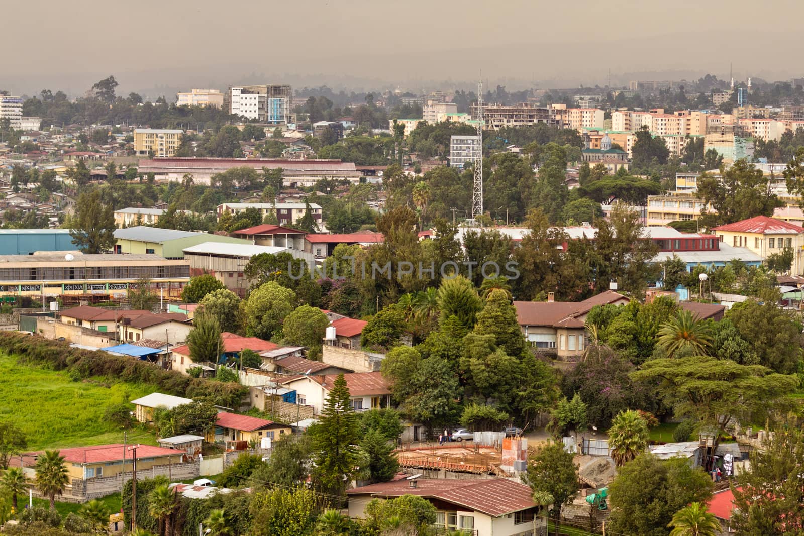 Aerial view of the city of Addis Ababa, showing the densely packed houses