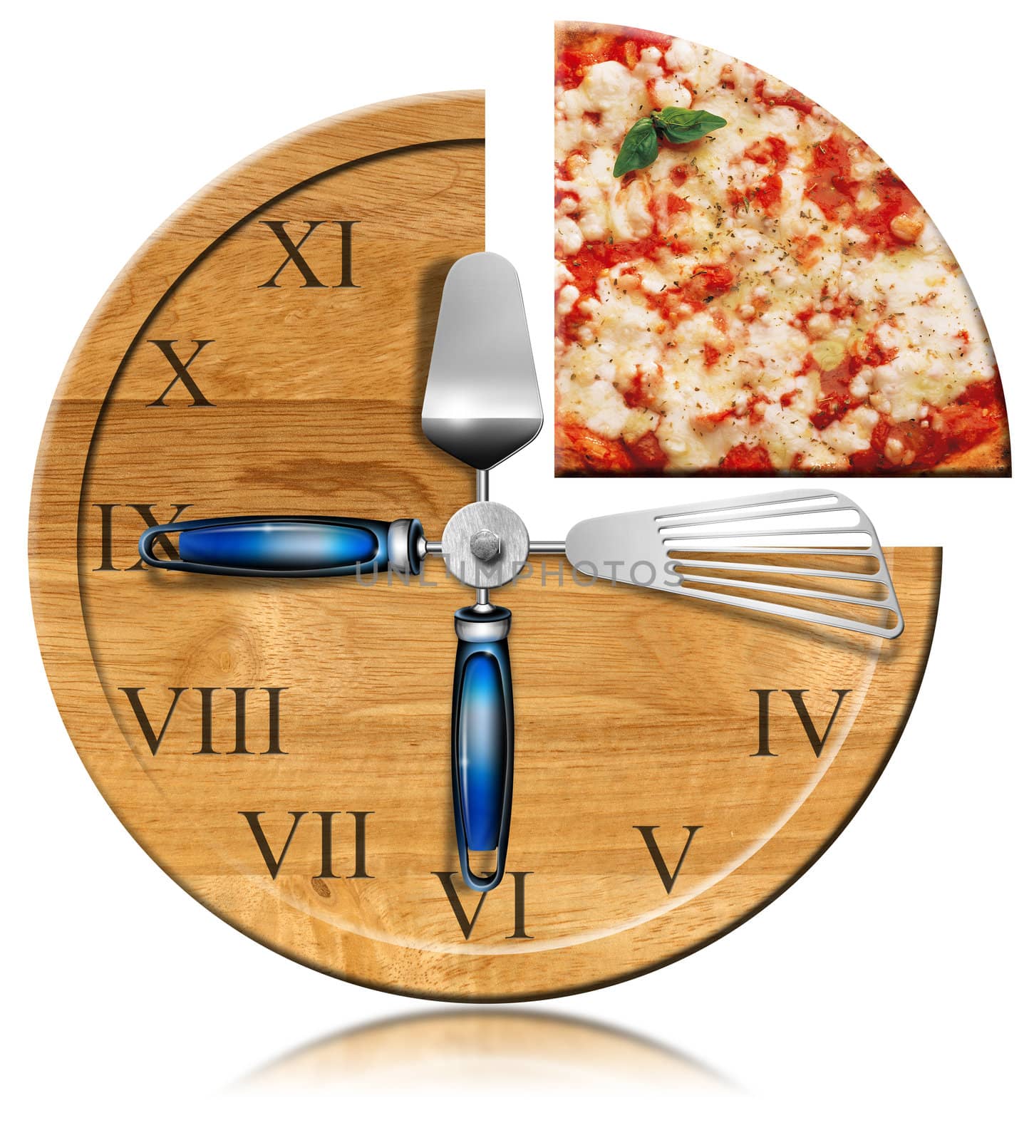 Wooden cutting board clock with slice of pizza
