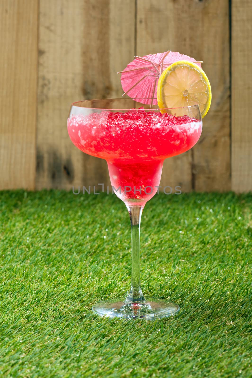Strawberry Watermelon Daiquiri decorated in front of a timber wall