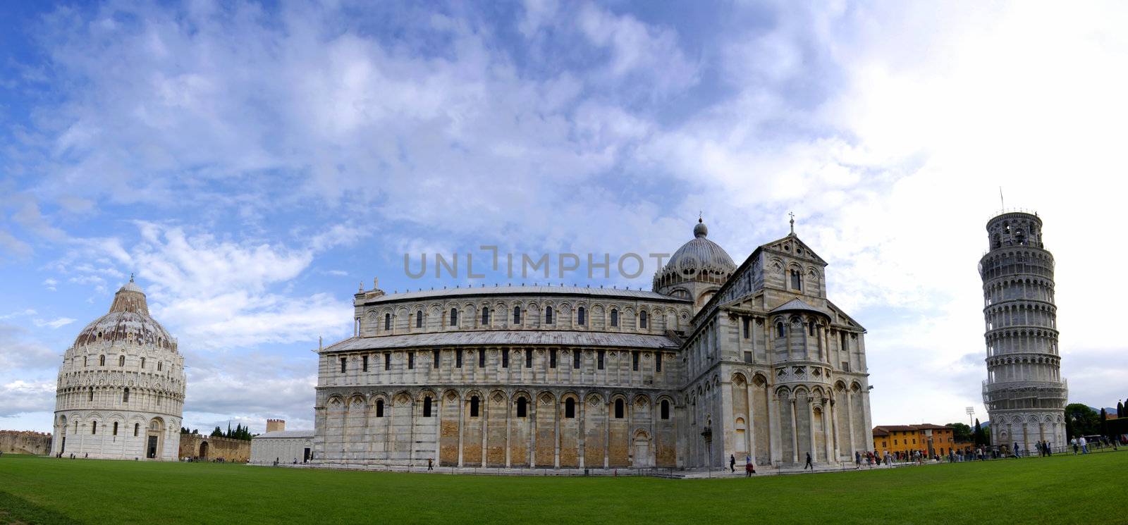 Panoramic photo of the Leaning Tower of Pisa in Italy with cathedral and Baptistery