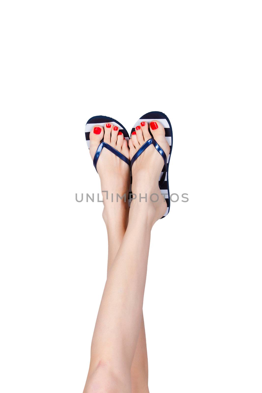 Woman wearing flip flop, isolated on white background