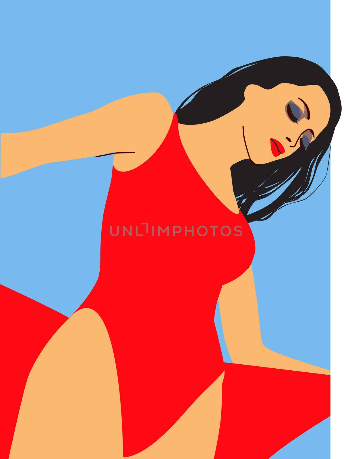 The brunette in red bathing suit on blue background