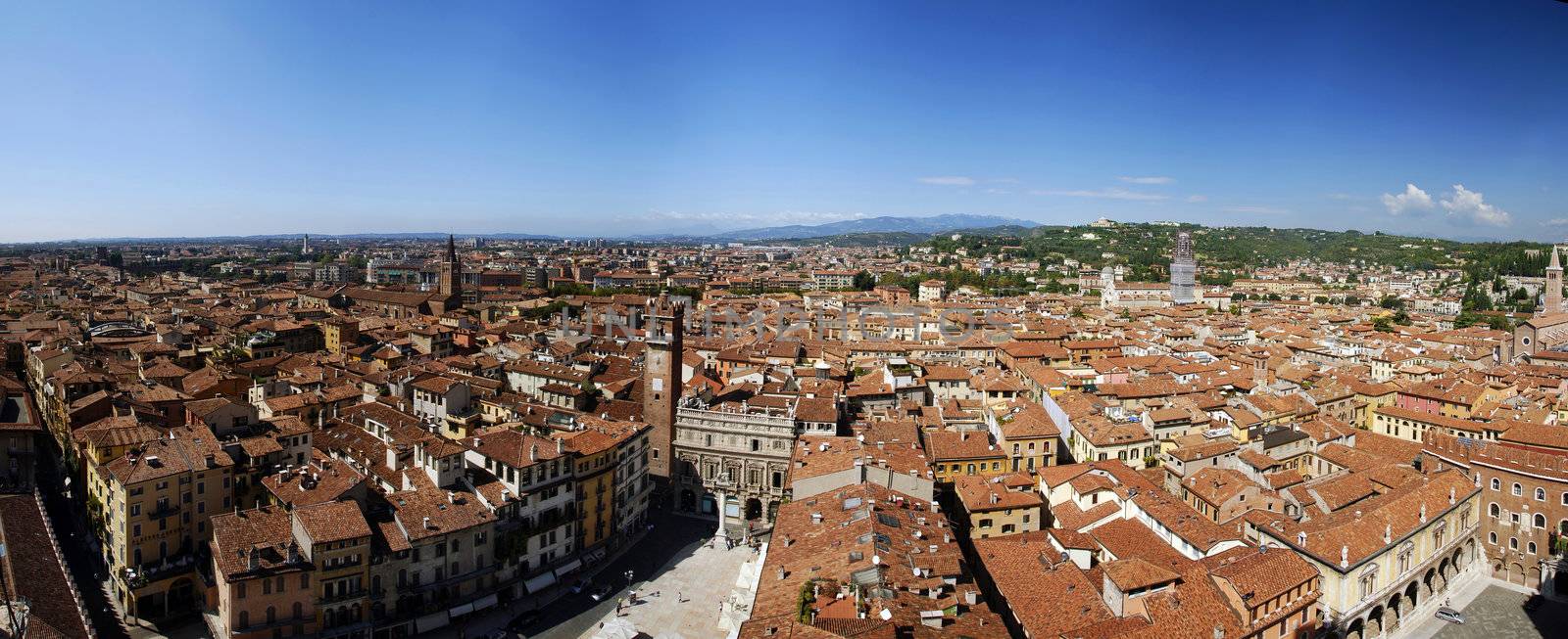 Wide top-down panorama of beautiful Italian city Verona 
