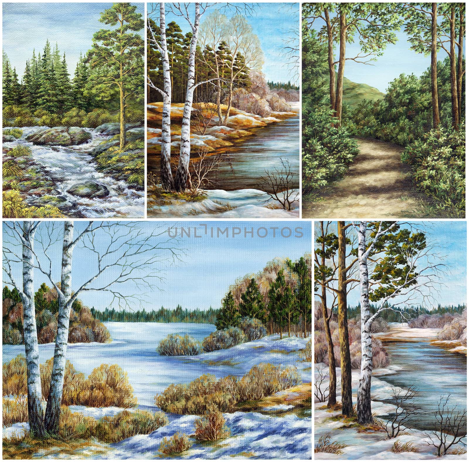 Set Siberian landscapes, Russia. Picture, hand-draw, oil paints on a canvas