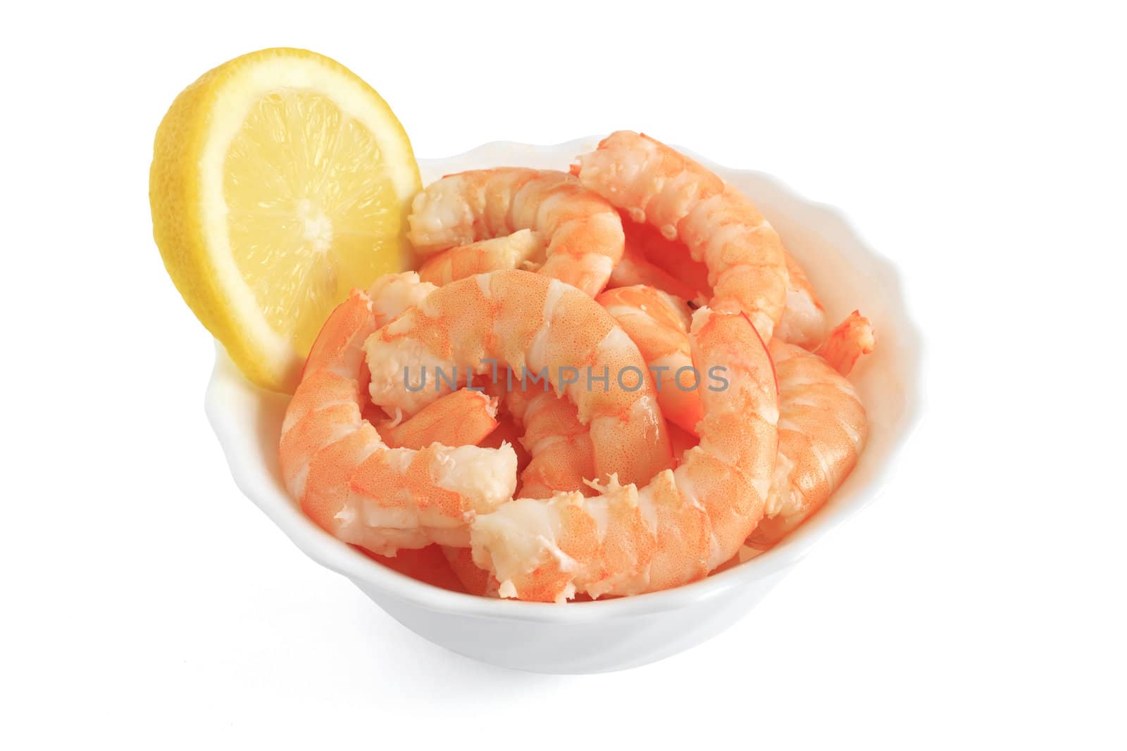 shrimps with sliced lemon in a bowl isolated on white with clipping path