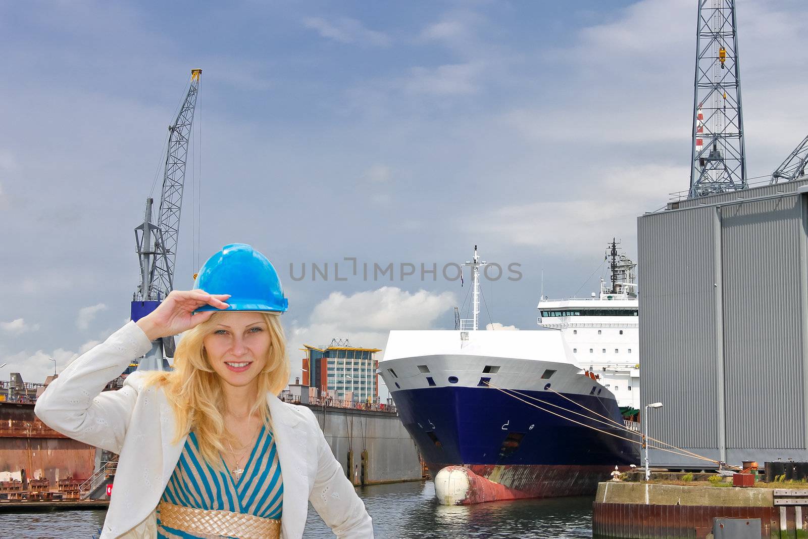 Woman engineer shipbuilder at the shipyard. by NickNick