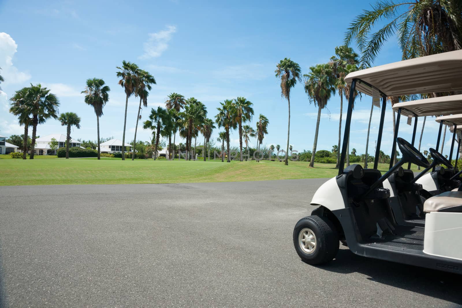 Golf carts standing on side of golf course.