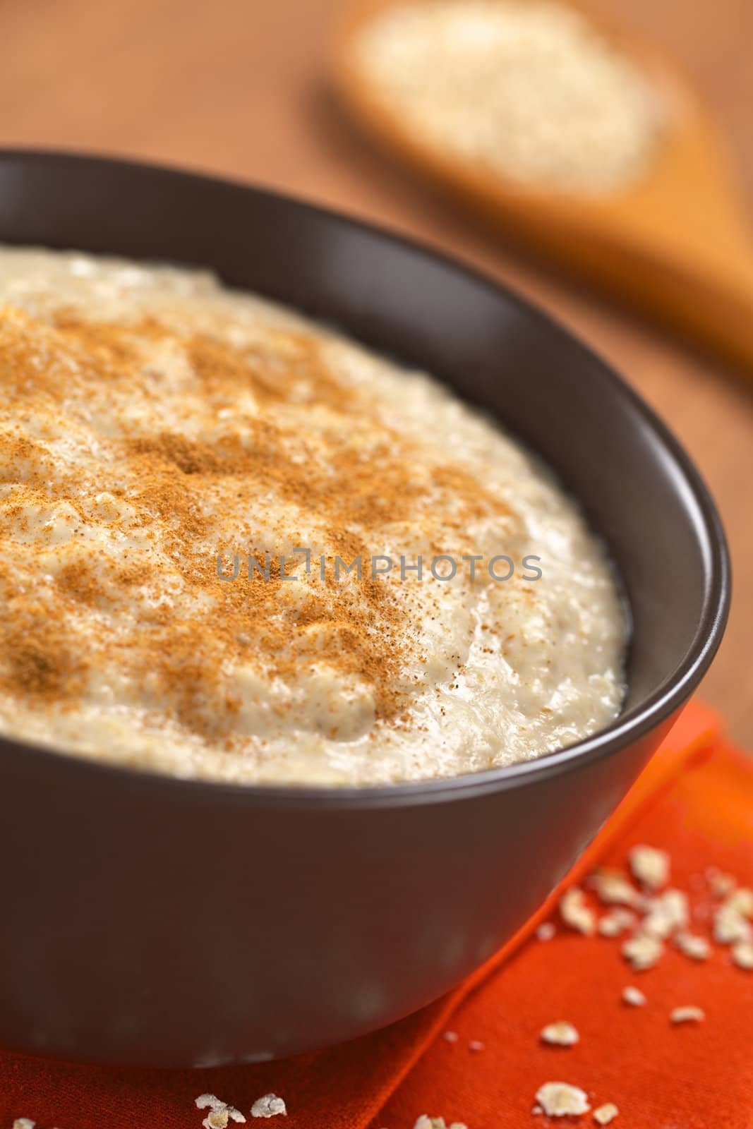 Bowl of cooked oatmeal porridge mixed with powdered maca or Peruvian ginseng (lat. Lepidium meyenii) with cinnamon on top (Selective Focus, Focus in the middle of the oatmeal porridge) 